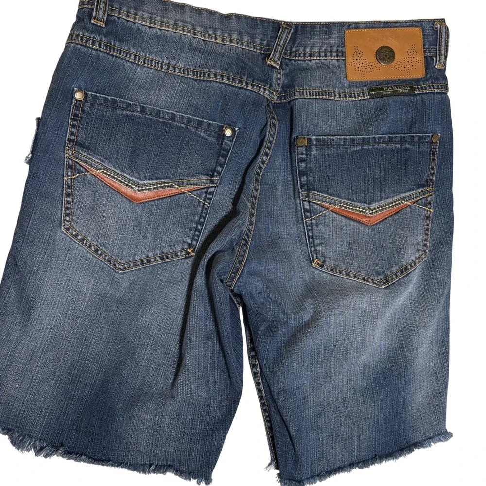 Parish Nation Mens Distressed Denim Shorts Blue Size 36 Raw Hem Embroidered‎